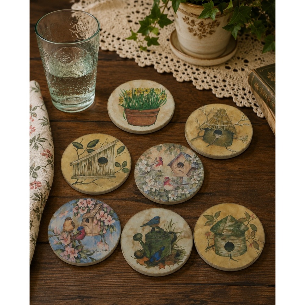 Vintage Style Birdhouse Garden Earthenware Coasters Set of 7 Cork Backed